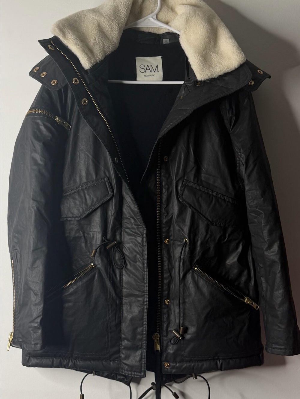 SM New York Black Parka Jacket with Cream Faux-Shearling Collar